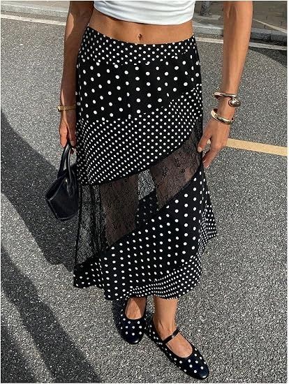 Black Polka Dot Midi Skirt With Lace Panels image 4